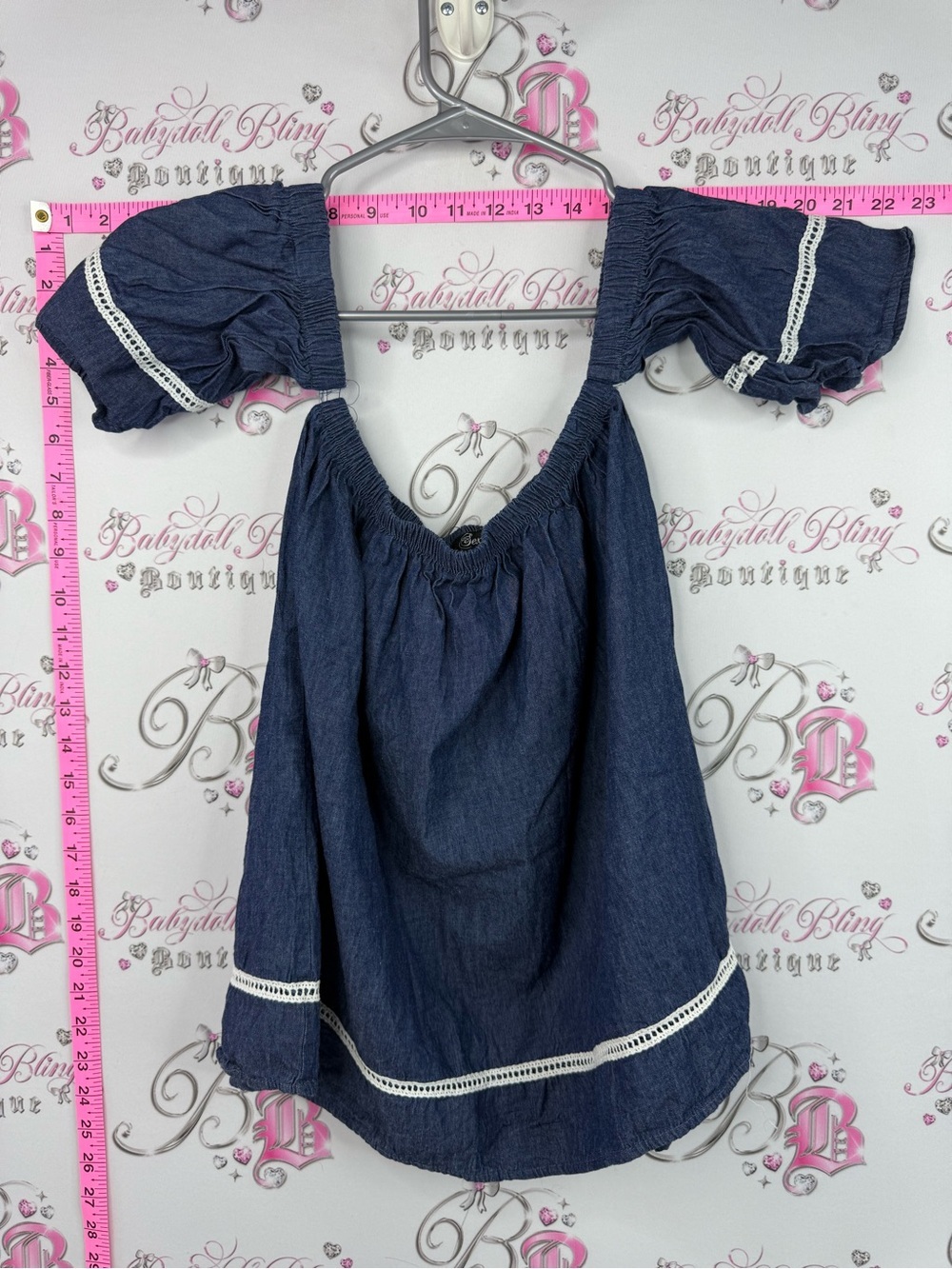 Sexy shirt off shoulder stretchy Denim Blue Peasant Top with Lace Trim